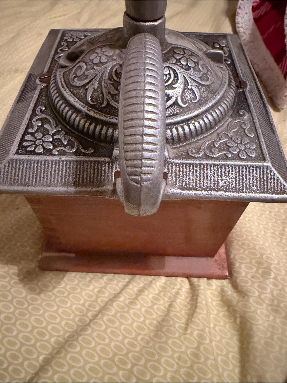 Vintage Wood Coffee Grinder with Embossed Metal Top - Brown & Silver
